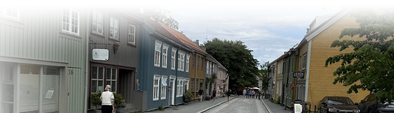 En gate med boliger, butikker og mennesker i hverdagen.