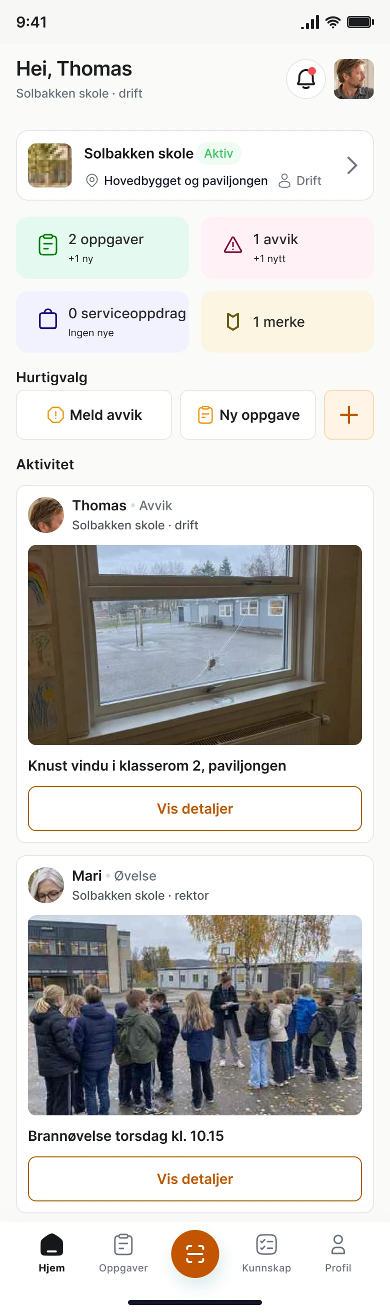 Jobbfeeden på Solbakken skole i FireHub Personal på mobilen, med et avvik meldt av drift.