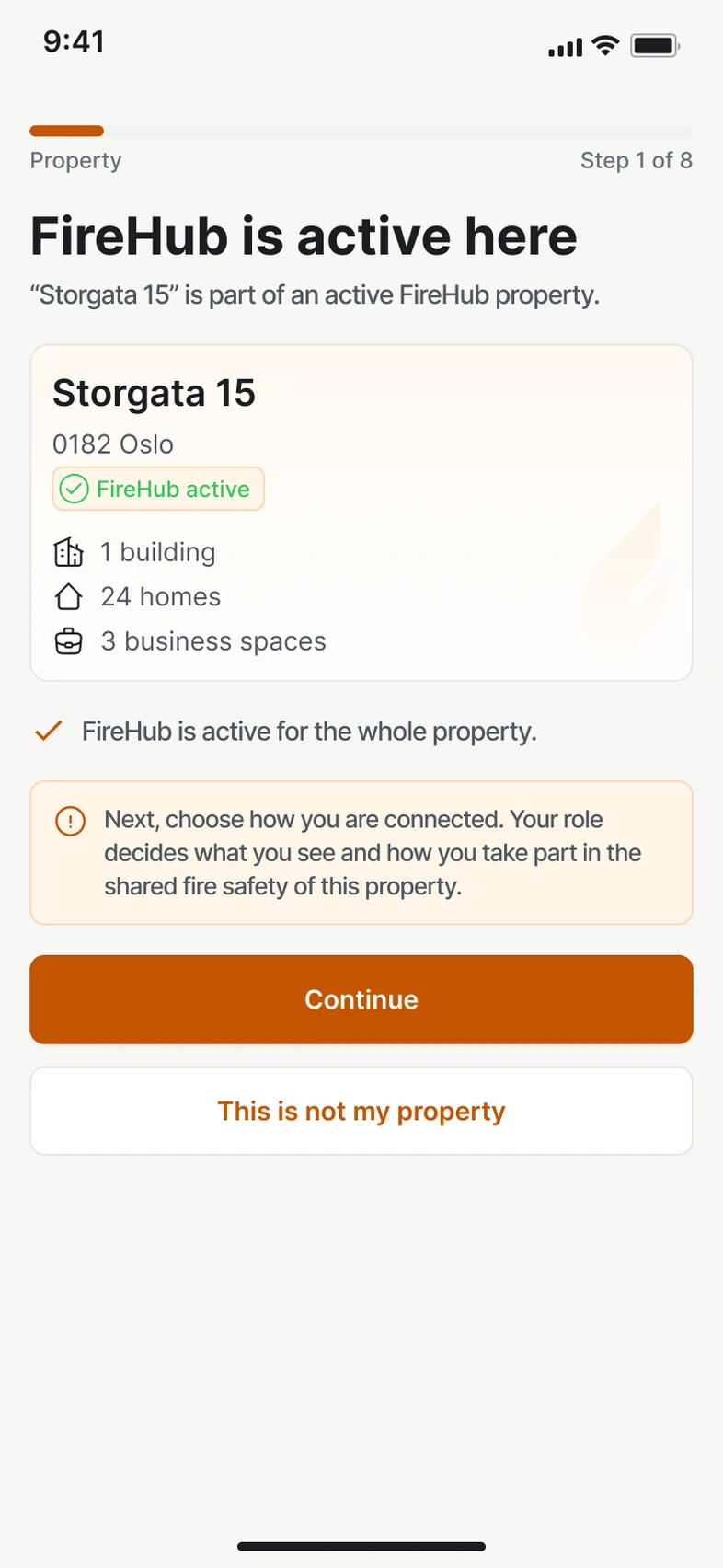 Joining the property in FireHub Personal on the phone: FireHub is active here.