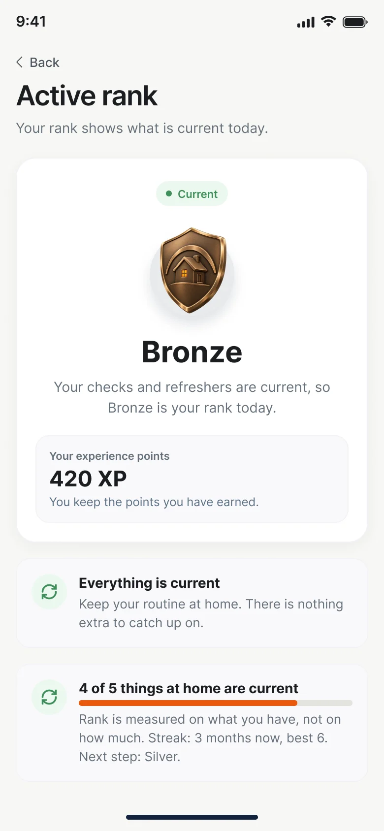 FireHub Personal on a phone: active rank with experience points