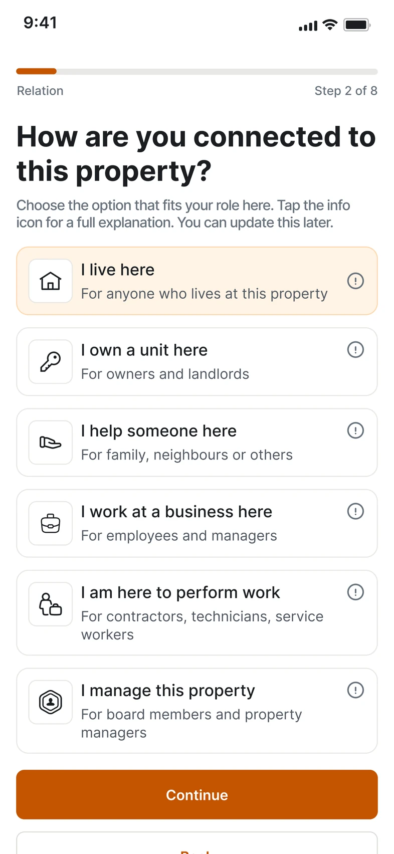 Connection to the property in FireHub on the phone: the tenant chooses their role in the building.