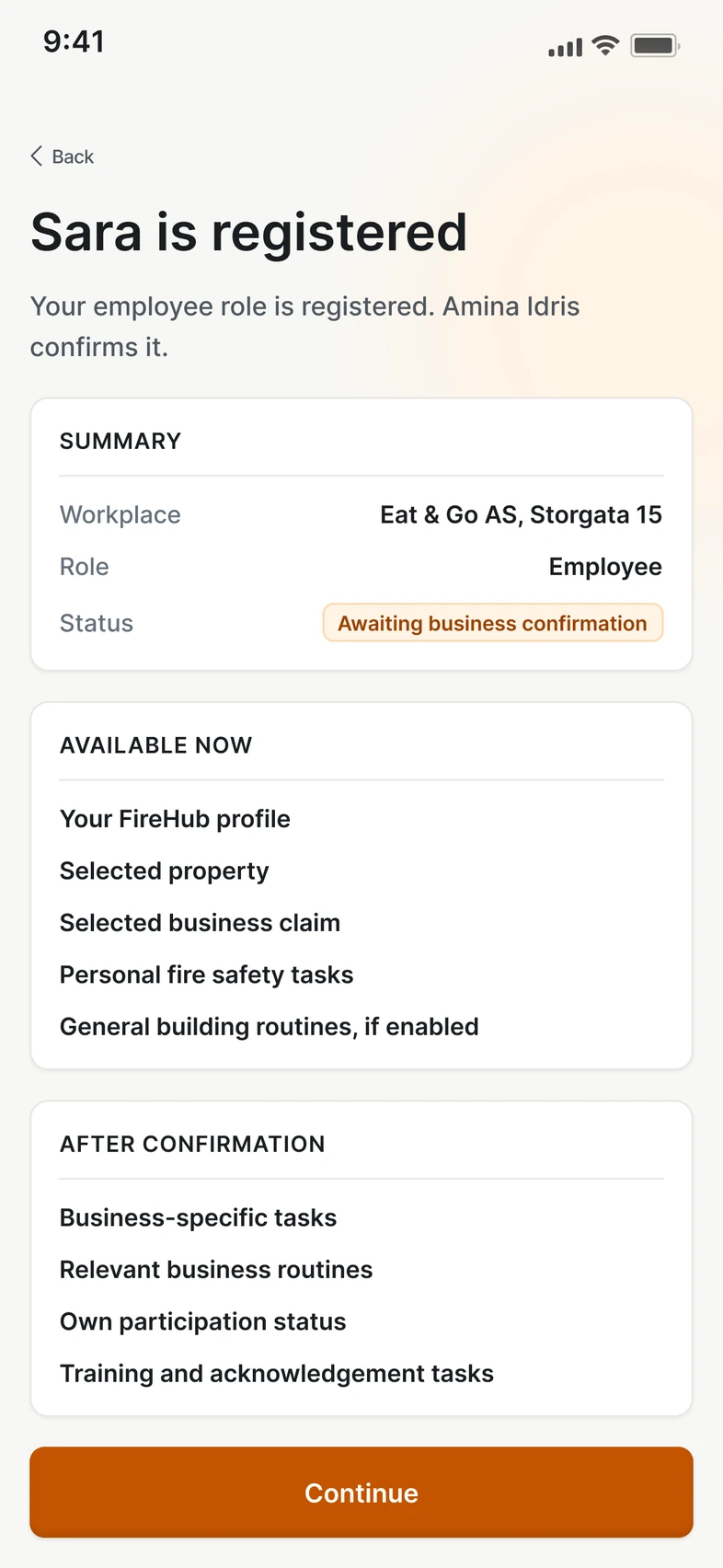 The tenant's employee is registered in FireHub on the phone. The manager of the business confirms the role.