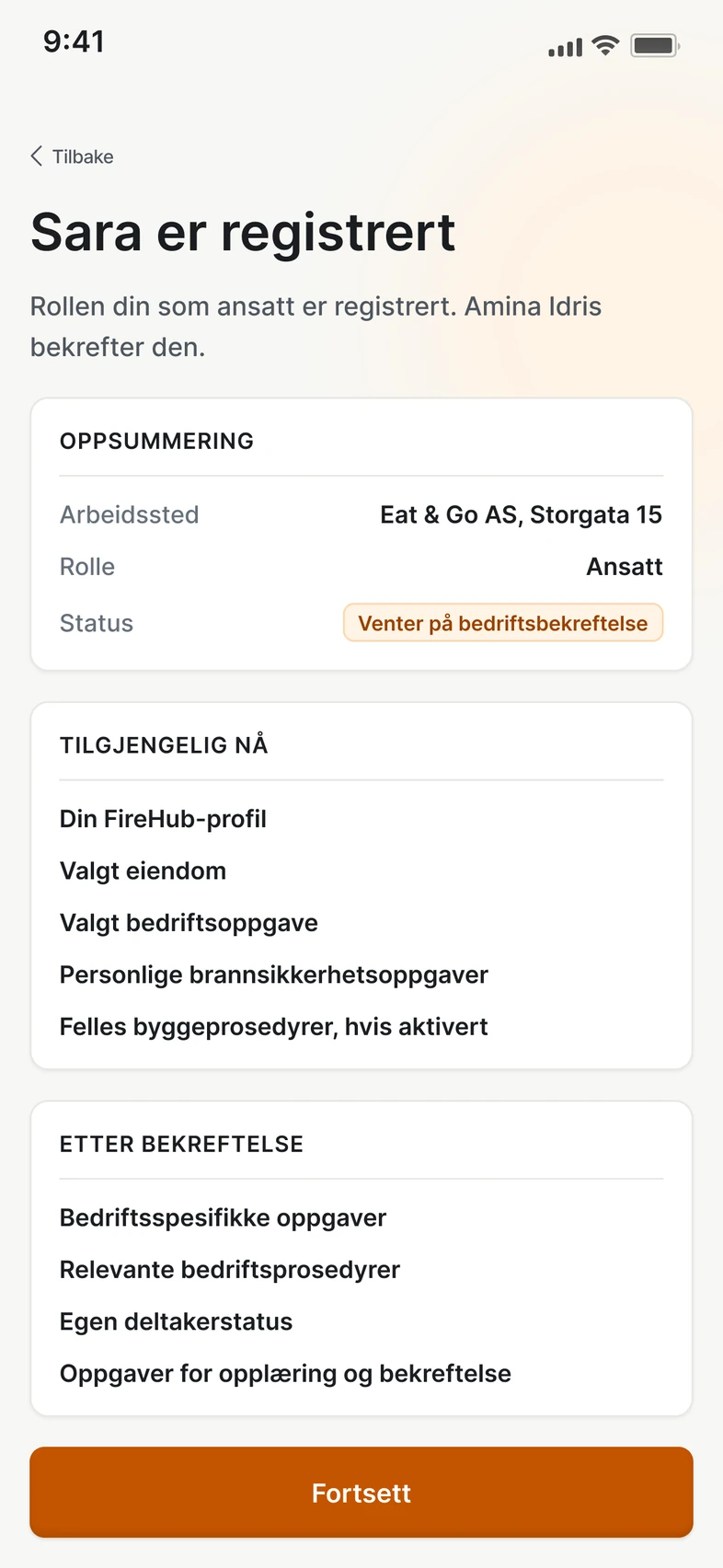 Den ansatte hos leietakeren er registrert i FireHub på mobilen. Lederen i virksomheten bekrefter rollen.