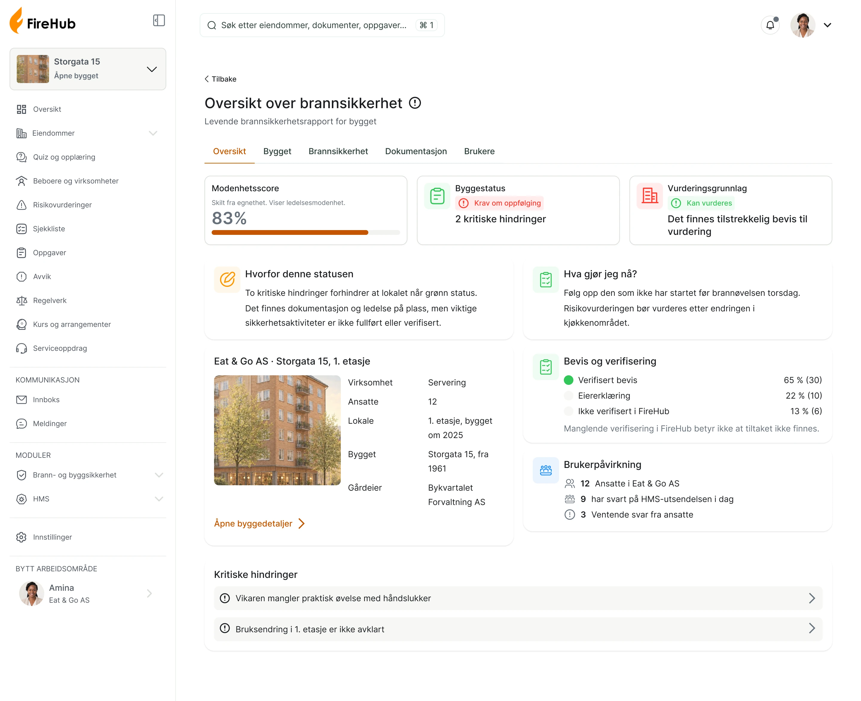 Skjermbilde av FireHub på en datamaskin: oversikten over brannsikkerheten for Eat & Go AS i Storgata 15, med modenhetsscore, status, hva som bør gjøres nå og to kritiske hindringer.