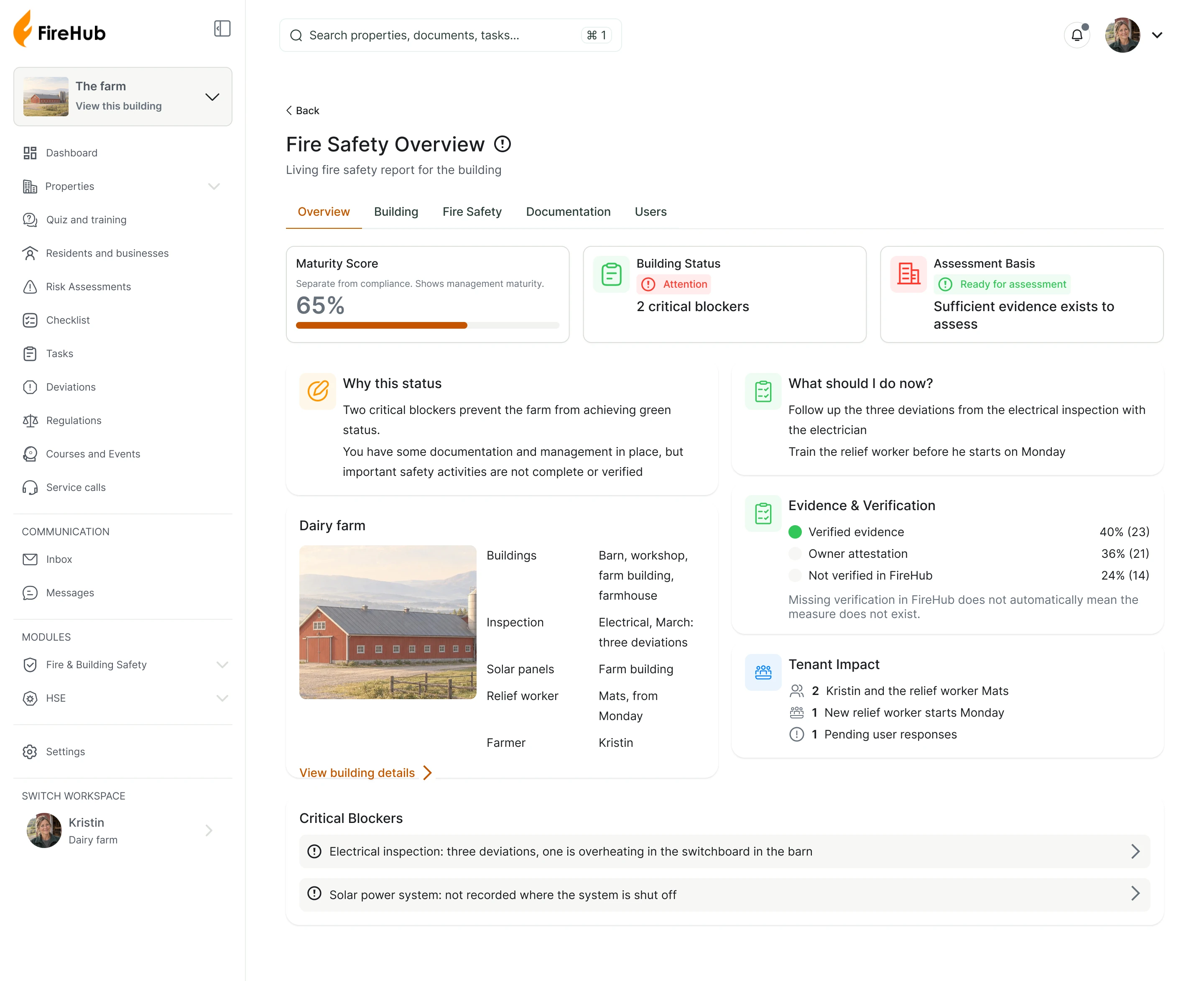 Screenshot of FireHub on a computer: the fire safety overview for the farm, with maturity score, status, what should be done now and two critical blockers.